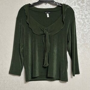 Made in Heaven Ruffle Neckline Tie Top Olive Green 3/4‎ Sleeve Blouse Stretch L